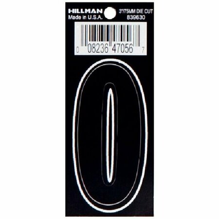 HILLMAN Die-Cut Number, Character: 0, 3 in H Character, Black/White Character, Black Background, Vinyl 839630